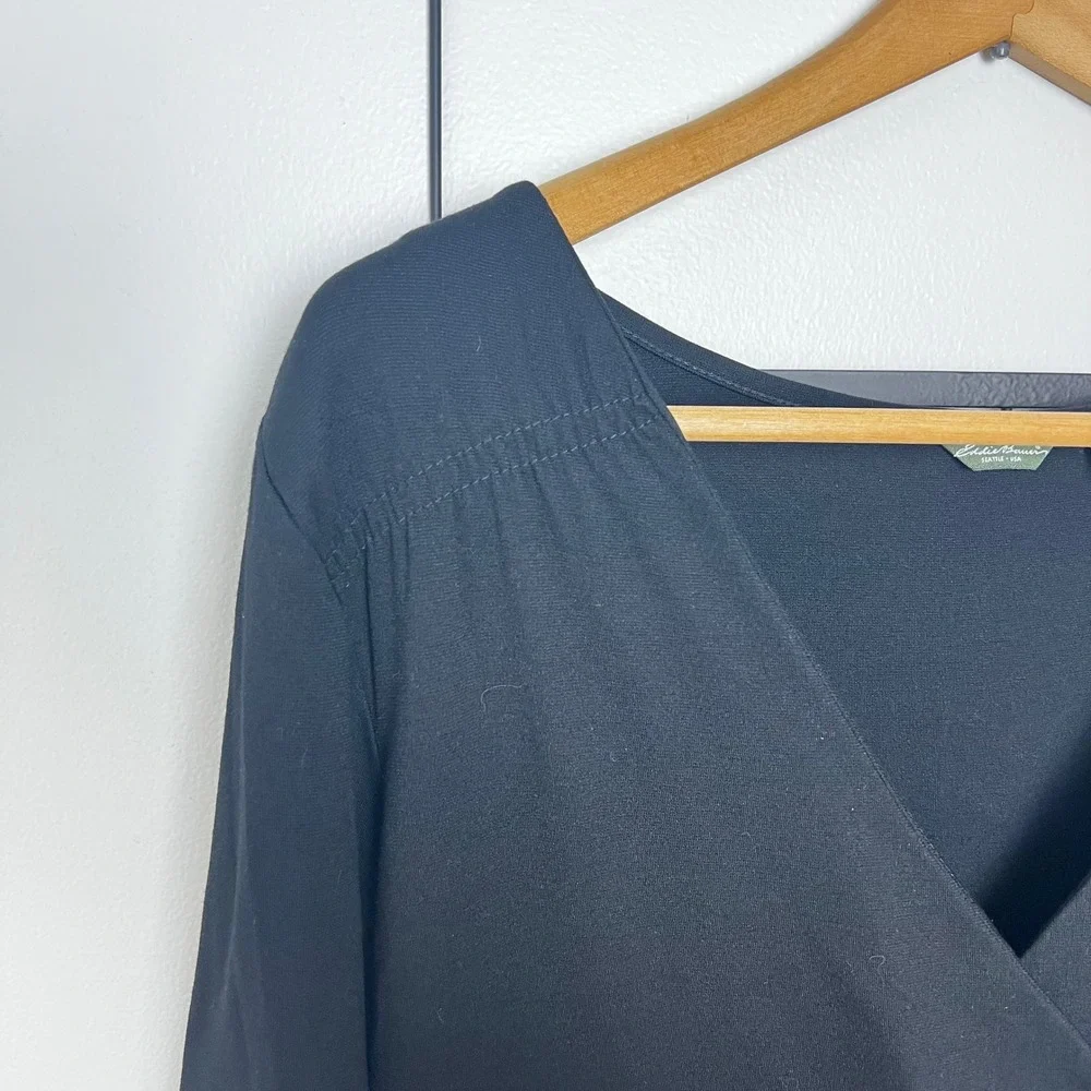 Eddie Bauer Black Long Sleeve V Neck Faux Wrap Style Midi Dress Women's Size L - Picture 4 of 6